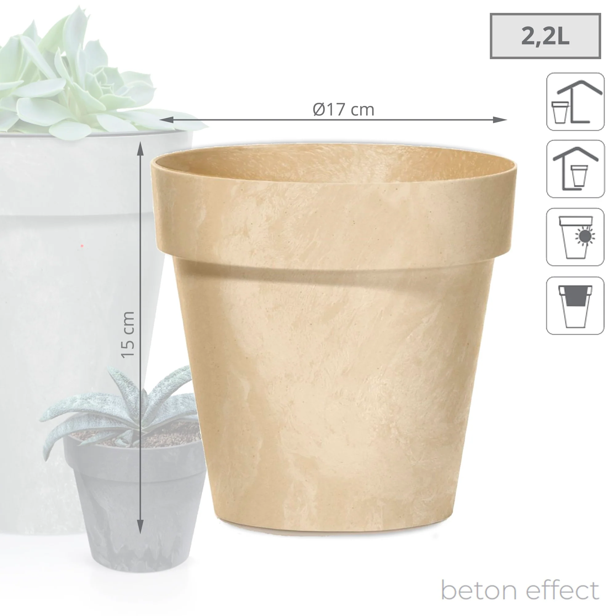 Maceta Cube Beton Effect 2,2l., Dimensiones (mm) 170x170x150, Color Crema - Image 3